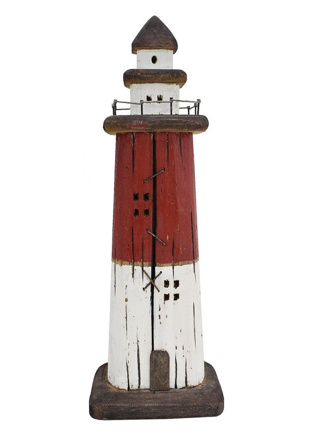 Linfevisi Wooden Lighthouse Decor Tabletop Nautical Decor Solid Wood Light Houses Statue Figurines Inside Standing Coastal Beach Ocean Sea Theme for Home Decor Bathroom (Red - 13 Inch Tall) - Image 1