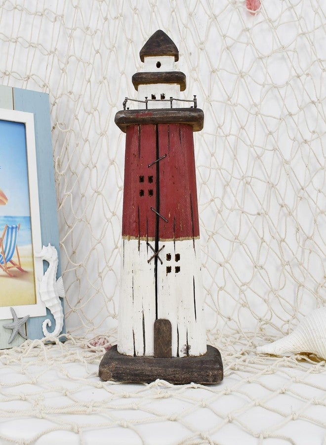 Linfevisi Wooden Lighthouse Decor Tabletop Nautical Decor Solid Wood Light Houses Statue Figurines Inside Standing Coastal Beach Ocean Sea Theme for Home Decor Bathroom (Red - 13 Inch Tall) - Image 4