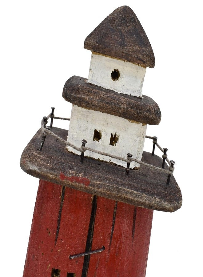 Linfevisi Wooden Lighthouse Decor Tabletop Nautical Decor Solid Wood Light Houses Statue Figurines Inside Standing Coastal Beach Ocean Sea Theme for Home Decor Bathroom (Red - 13 Inch Tall) - Image 3