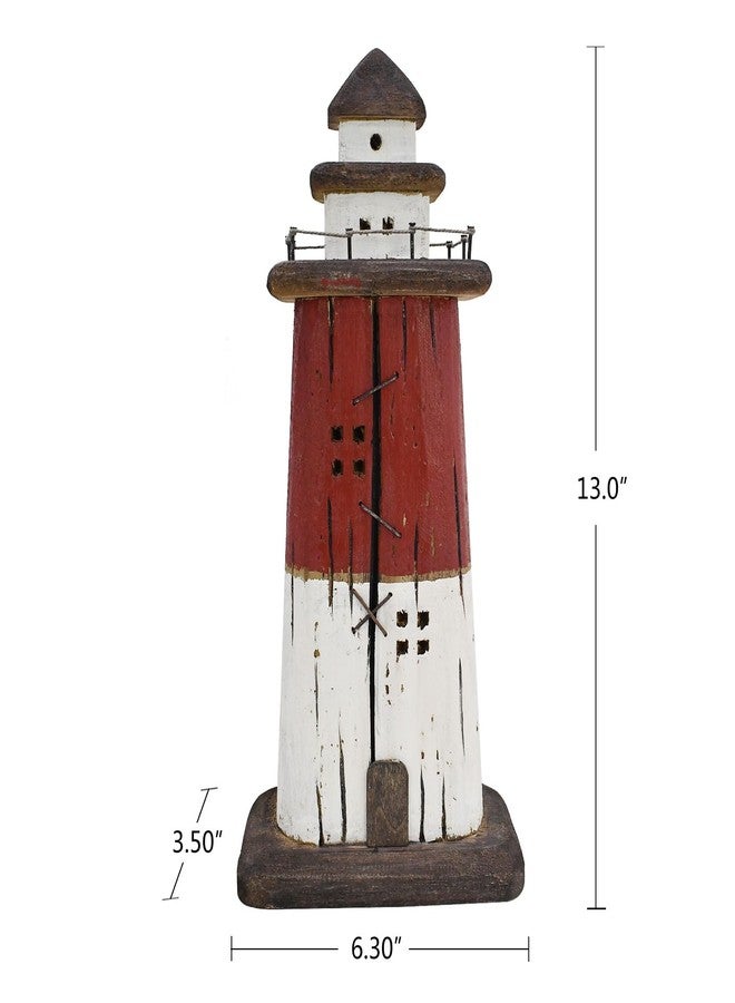 Linfevisi Wooden Lighthouse Decor Tabletop Nautical Decor Solid Wood Light Houses Statue Figurines Inside Standing Coastal Beach Ocean Sea Theme for Home Decor Bathroom (Red - 13 Inch Tall) - Image 2