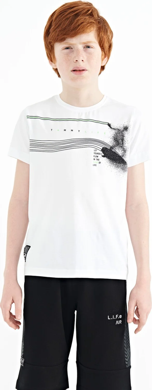 Tommy Life White Print Detailed Standard Pattern O Neck Boy T-Shirt 11133