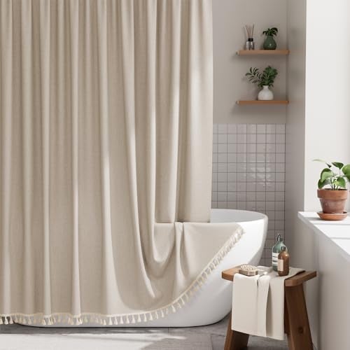 AmazerBath Farmhouse Shower Curtains for Bathroom Tan Shower Curtain with Tassels Taupe Rustic Faux Linen Shower Curtain Set with 12 Hooks 72x72 Inches - Image 1