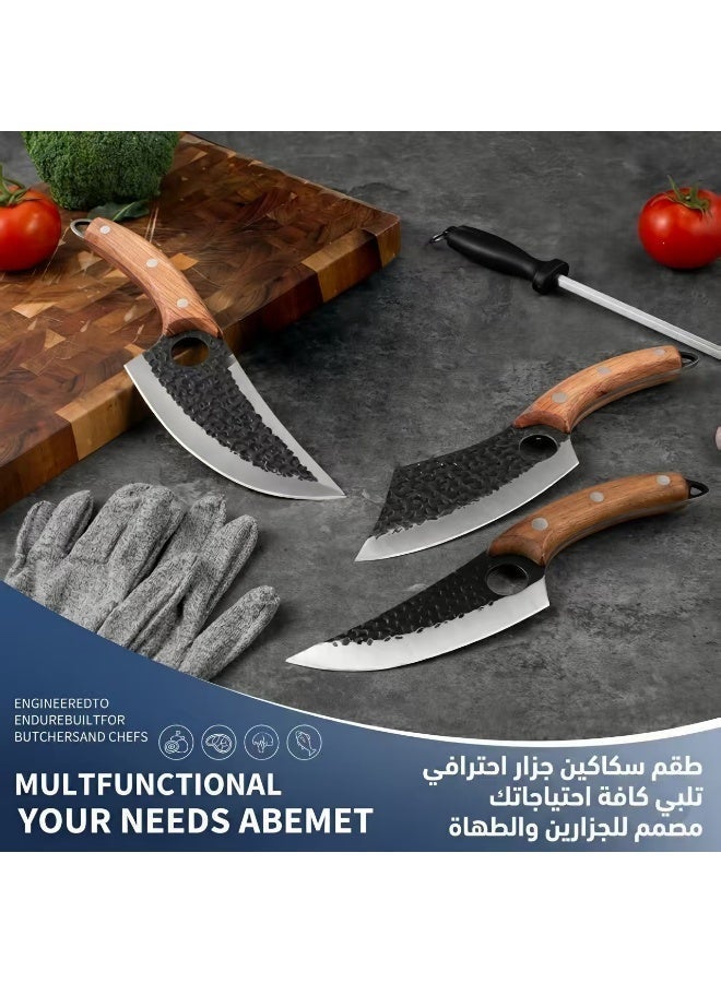 أوسوك مجموعة سكين مطبخ مزورة يدوية من 3 سكاكين طباخ محترفة ، سكاكين طبخ شواء ، سكاكين مطبخ مزورة من فولاذ الكربون العالي ، مع غطاء جلدي وقفازات مقاومة للقطع ، تسليم سريع من المستودع المحلي - Image 4