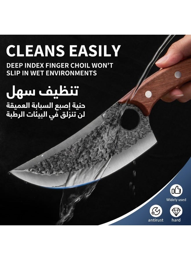 أوسوك مجموعة سكين مطبخ مزورة يدوية من 3 سكاكين طباخ محترفة ، سكاكين طبخ شواء ، سكاكين مطبخ مزورة من فولاذ الكربون العالي ، مع غطاء جلدي وقفازات مقاومة للقطع ، تسليم سريع من المستودع المحلي - Image 5