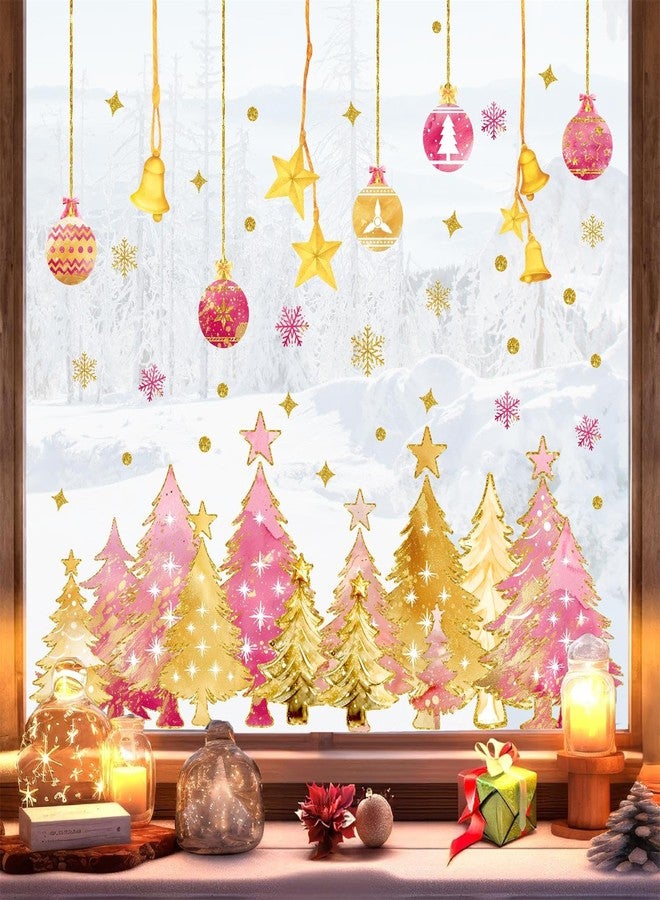 kokolap ملصقات زينة نوافذ عيد الميلاد، ملصقات شجرة صنوبر وردية وذهبية للنوافذ الزجاجية، ملصقات جدارية مزدوجة الجوانب لشجرة عيد الميلاد، ملصقات رقاقات ثلجية سهلة اللصق، لوازم حفلات غرف النوم في فصل الشتاء - Image 1
