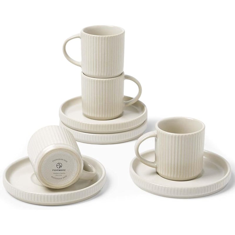 Famiware Star Espresso Cups, 3 oz Cups and Saucers Set of 4, Small Coffee Mug with Handle, Ribbed Stoneware Demitasse Cup for Cappuccino, Tea - Microwave and Dishwasher Safe, Matte White - Image 1