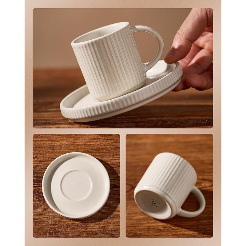 Famiware Star Espresso Cups, 3 oz Cups and Saucers Set of 4, Small Coffee Mug with Handle, Ribbed Stoneware Demitasse Cup for Cappuccino, Tea - Microwave and Dishwasher Safe, Matte White - Image 4