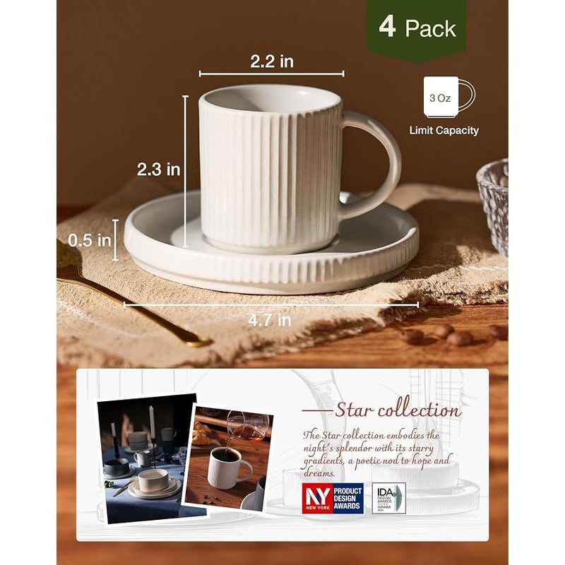 Famiware Star Espresso Cups, 3 oz Cups and Saucers Set of 4, Small Coffee Mug with Handle, Ribbed Stoneware Demitasse Cup for Cappuccino, Tea - Microwave and Dishwasher Safe, Matte White - Image 5