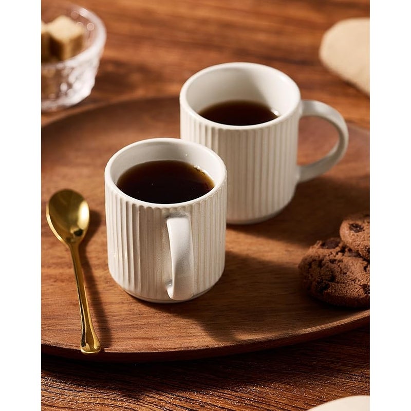 Famiware Star Espresso Cups, 3 oz Cups and Saucers Set of 4, Small Coffee Mug with Handle, Ribbed Stoneware Demitasse Cup for Cappuccino, Tea - Microwave and Dishwasher Safe, Matte White - Image 3