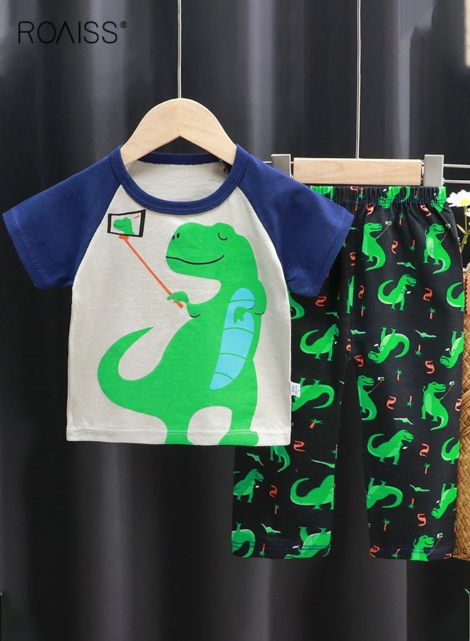 رويس طقم تي شيرت وسروال كرتوني للأولاد، طقم ملابس أنيق من قطعتين للأولاد، طقم صيفي قطني مع قميص بنقشة ديناصورات وسروال بخصر مطاطي، مثالي للارتداء اليومي وملابس النوم - Image 2