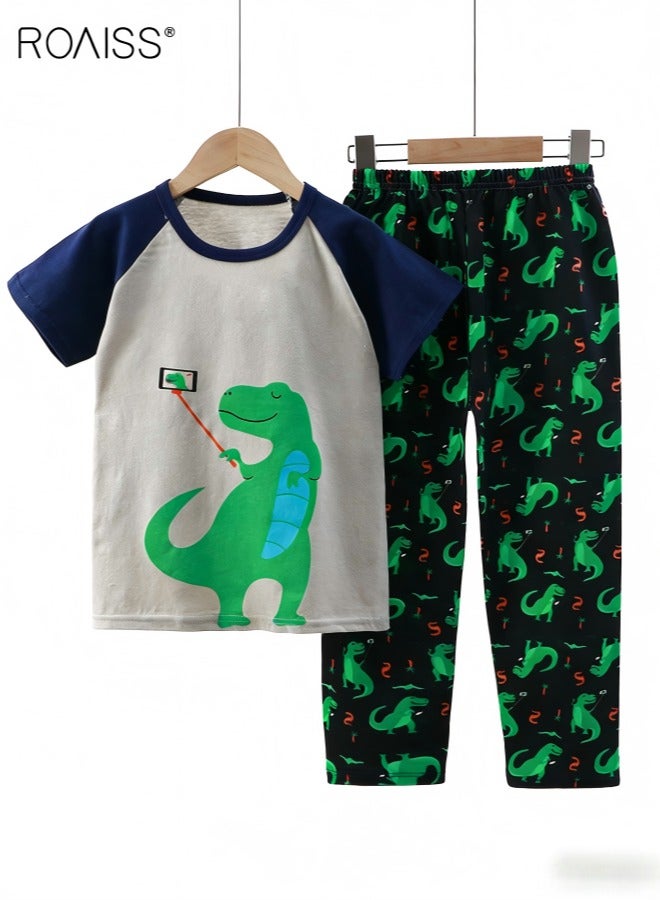 رويس طقم تي شيرت وسروال كرتوني للأولاد، طقم ملابس أنيق من قطعتين للأولاد، طقم صيفي قطني مع قميص بنقشة ديناصورات وسروال بخصر مطاطي، مثالي للارتداء اليومي وملابس النوم - Image 1