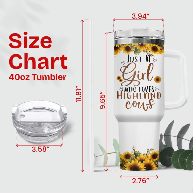 34HD Highland Cow Tumbler 40oz with Handle and Straw, Just A Girl Who Loves Cows Vacuum Insulated Travel Coffee Mug, Heifer Gifts for Girls & Women on Birthday and Mother's Day - Image 2