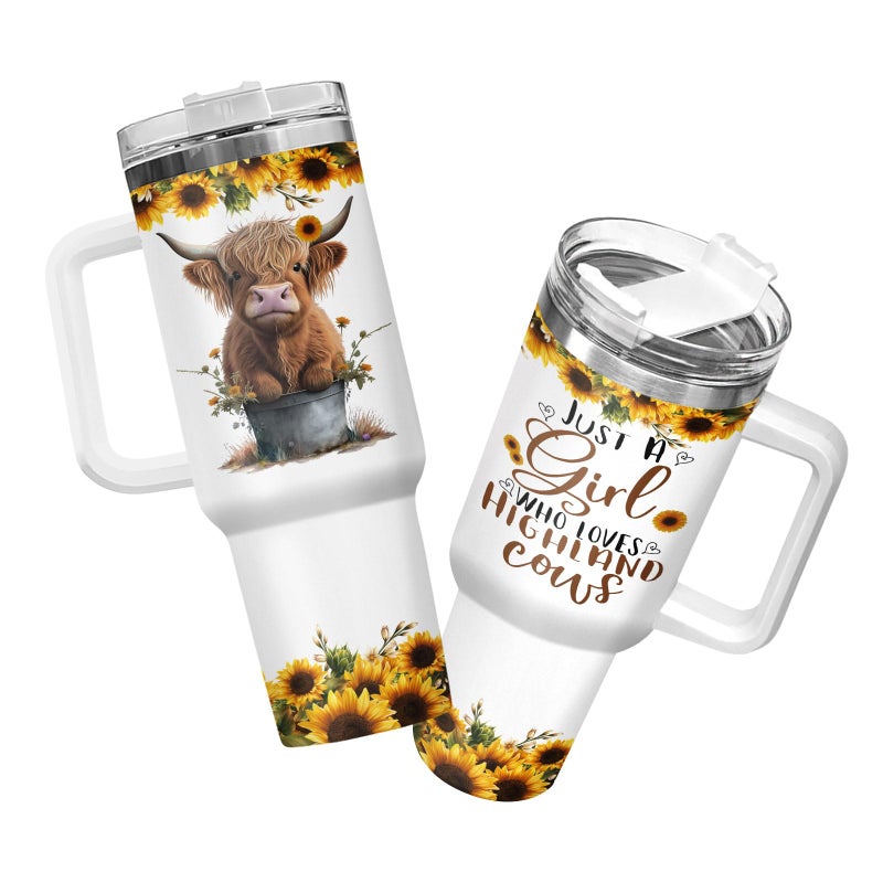 34HD Highland Cow Tumbler 40oz with Handle and Straw, Just A Girl Who Loves Cows Vacuum Insulated Travel Coffee Mug, Heifer Gifts for Girls & Women on Birthday and Mother's Day - Image 1
