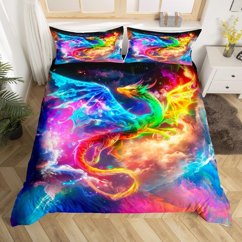Feelyou Feelyou Dragon Bedding Set Jungle Animals Comforter Cover for Kids Boys Children Bright Colorful Flying Dragon Wildlife Duvet Cover Outer Space Galaxy Bedspread Cover Room Decor Quilt Cover Twin Size
