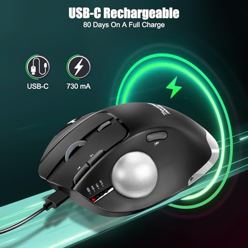 TRELC Wireless Trackball Mouse, Ergonomic Rollerball Mouse with 4800 DPI/7 Programmable Buttons, Thumb Control Mice, Rechargeable Optical Mouse for 3 Devices, for Windows, PC, Laptop, Tablet (Black) - Image 5