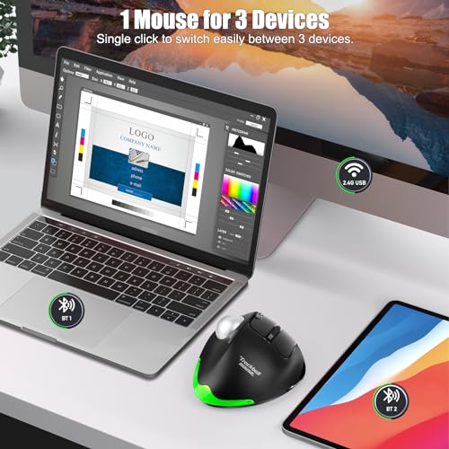 TRELC Wireless Trackball Mouse, Ergonomic Rollerball Mouse with 4800 DPI/7 Programmable Buttons, Thumb Control Mice, Rechargeable Optical Mouse for 3 Devices, for Windows, PC, Laptop, Tablet (Black) - Image 4