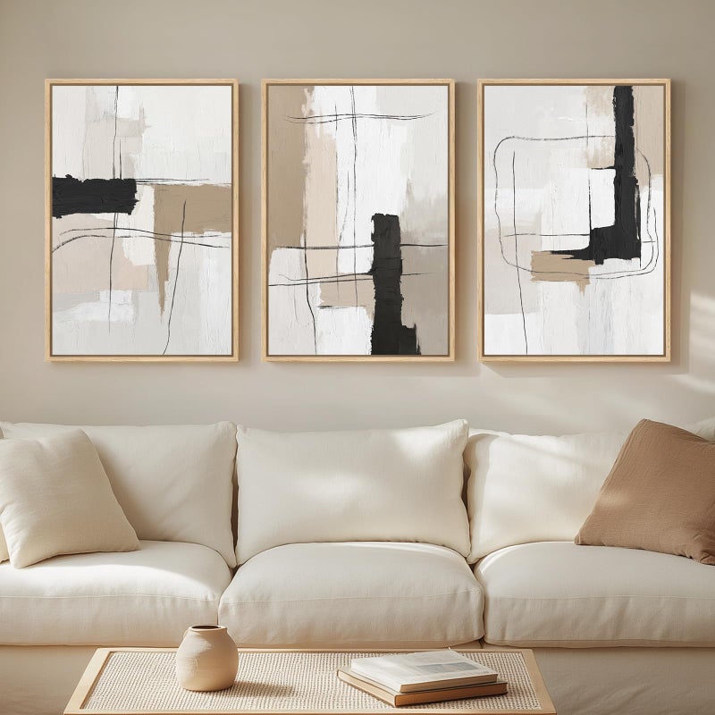 Cuspin Framed Neutral Abstract Wall Art Set of 3, Modern Black and White Beige Canvas Prints Paintings Artwork for Walls, Minimalist Pictures for Bedroom, Living Room, Dining Room Wall Decor 16x24 In - Image 1