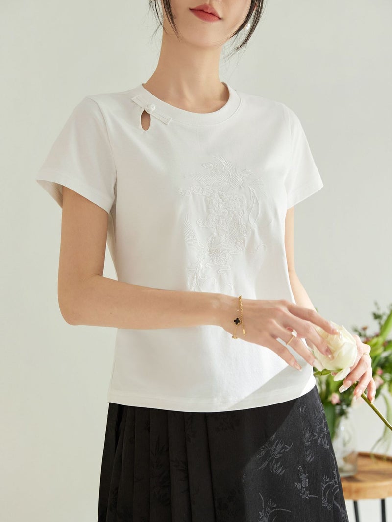 Guofeng New Chinese-Style Plate Buckle Hollow Embroidered Round Neck Shoulder Slim-Fit Short-Sleeved T-Shirt Women'S Slimming Top - Image 3