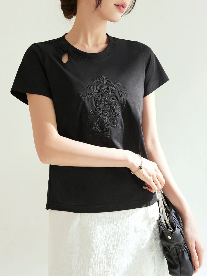 Guofeng New Chinese-Style Plate Buckle Hollow Embroidered Round Neck Shoulder Slim-Fit Short-Sleeved T-Shirt Women'S Slimming Top - Image 4