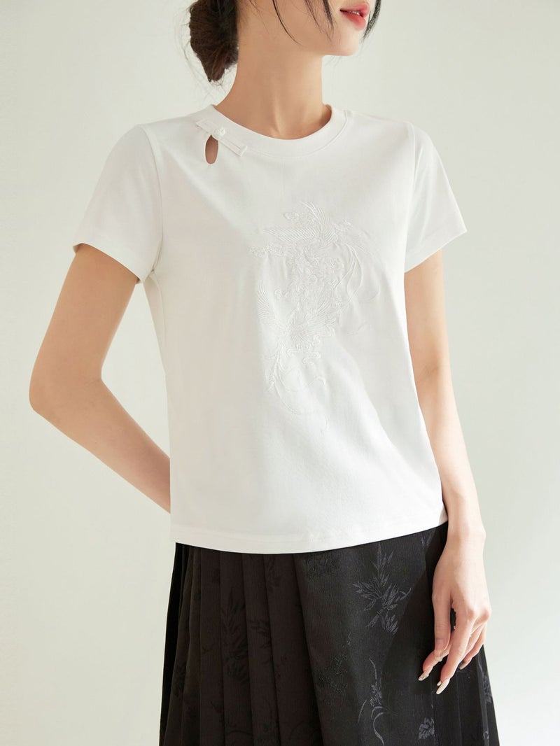 Guofeng New Chinese-Style Plate Buckle Hollow Embroidered Round Neck Shoulder Slim-Fit Short-Sleeved T-Shirt Women'S Slimming Top - Image 5