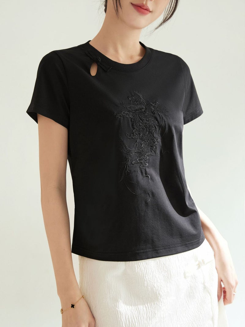 Guofeng New Chinese-Style Plate Buckle Hollow Embroidered Round Neck Shoulder Slim-Fit Short-Sleeved T-Shirt Women'S Slimming Top - Image 2