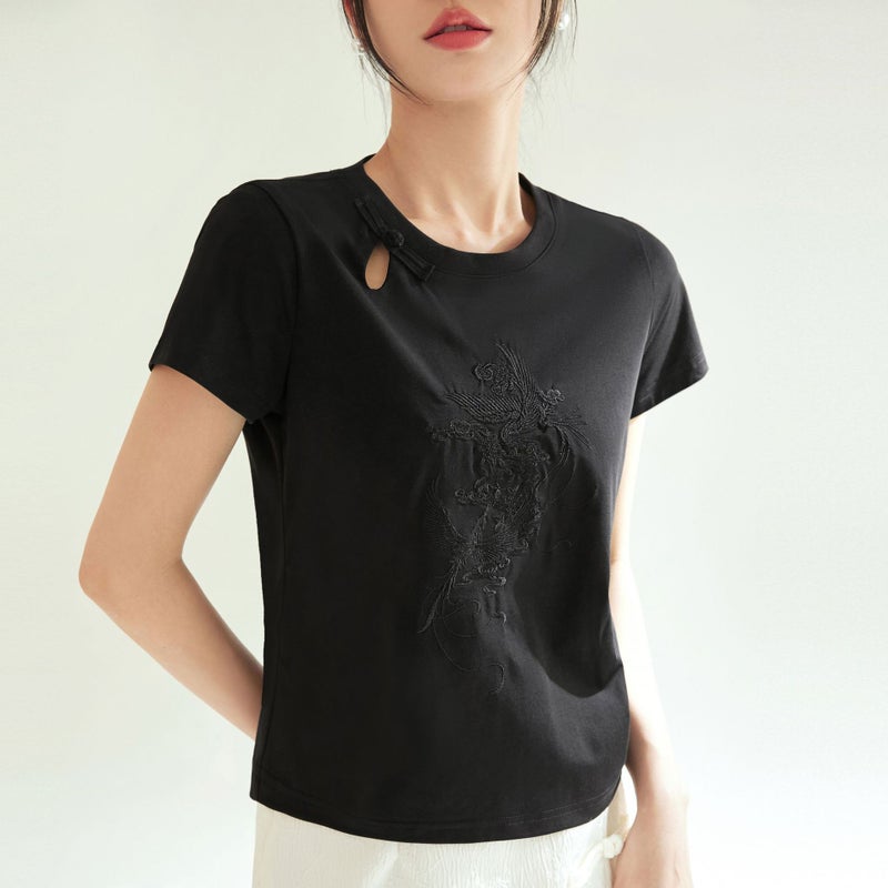 Guofeng New Chinese-Style Plate Buckle Hollow Embroidered Round Neck Shoulder Slim-Fit Short-Sleeved T-Shirt Women'S Slimming Top - Image 1