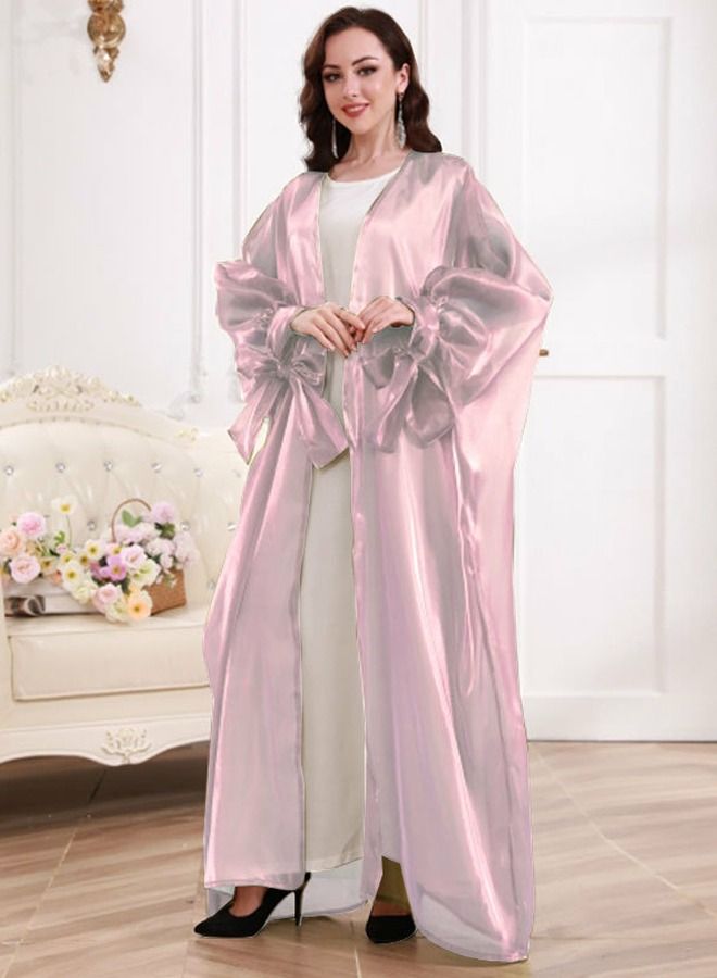 Loquat Women's Solid Color Puff Sleeve Abaya Elegant Long Cardigan Pink 