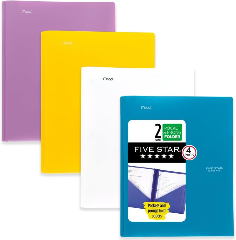 Five Star 2-Pocket Folders, 4 Pack, Plastic Folders with Prong Fasteners, Holds 11” x 8-1/2”, Assorted Colors (38136) - Image 1
