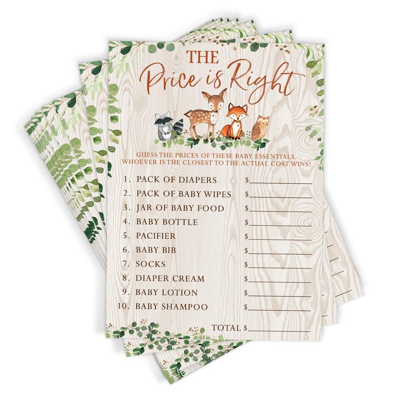 Printed Party Baby Shower Games The Price is Right Game for Boy or Girl Woodland Forest Animals Theme 50 Cards - Image 2