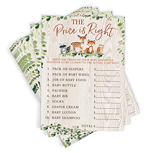Printed Party Baby Shower Games The Price is Right Game for Boy or Girl Woodland Forest Animals Theme 50 Cards - Image 1