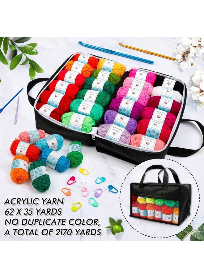 INSCRAFT 62 Acrylic Yarn Skeins, 2170 Yards Yarn for Knitting and Crochet, Includes 2 Crochet Hooks,2 Weaving Needles,10 Stitch Markers, Perfect Beginner Kit for for Adults Kids - Image 2