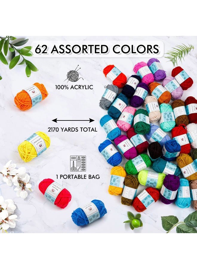 INSCRAFT 62 Acrylic Yarn Skeins, 2170 Yards Yarn for Knitting and Crochet, Includes 2 Crochet Hooks,2 Weaving Needles,10 Stitch Markers, Perfect Beginner Kit for for Adults Kids - Image 4