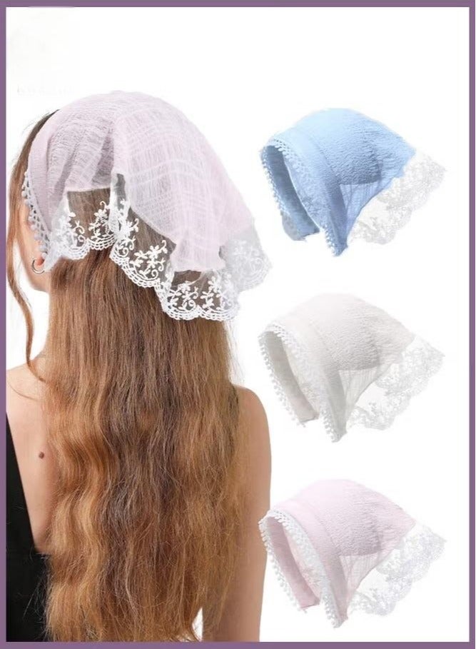Generic 3-Piece Hair Scarf Bandana Handband for Women - 3Pcs Chiffon Head Scarf for Women's Hair, Non Slip Lace Triangle Kerchief Women’s Hair Bands (Blue+Pink+Off white)  - Image 1