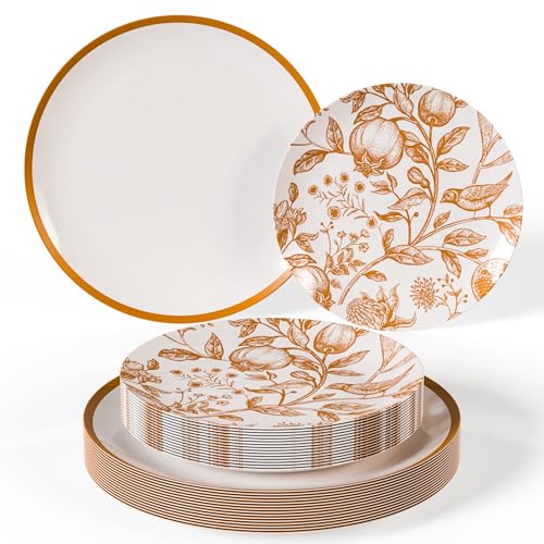 Trendables 40 Piece Plastic Disposable Plates Set For 20 Guests I 20 X 8 Inch Dessert Plates & 20 X 10 Inch Disposable Plastic Plates | Thanksgiving Plates | White & Brown Pomegranate Design - Image 1