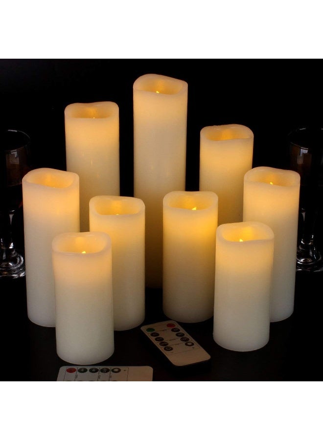 Flameless Candles Battery Operated Candles 4" 5" 6" 7" 8" 9" Set of 9 Ivory Real Wax Pillar LED Candles with 10-Key Remote and Cycling 24 Hours Timer - Image 1