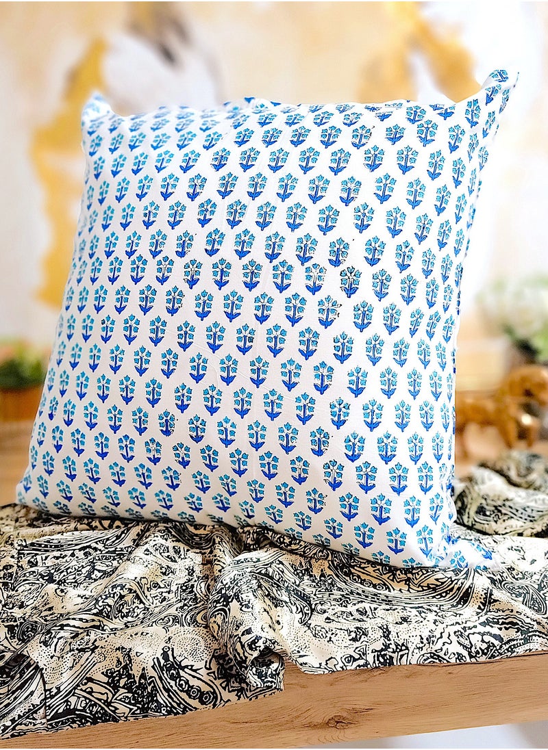 OJARIYA Blue Iris Hand Block Printed Organic Cotton Quilted Cushion Cover 65 Cm X 65 Cm  - Image 4