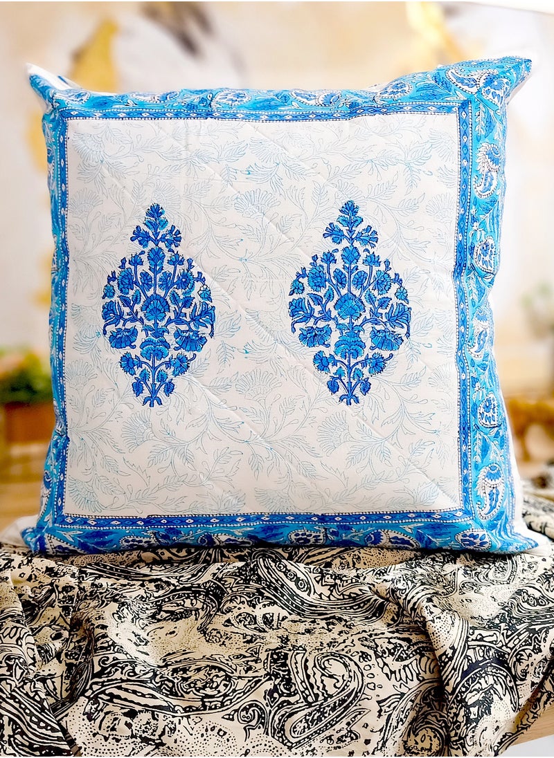 OJARIYA Blue Iris Hand Block Printed Organic Cotton Quilted Cushion Cover 65 Cm X 65 Cm  - Image 3