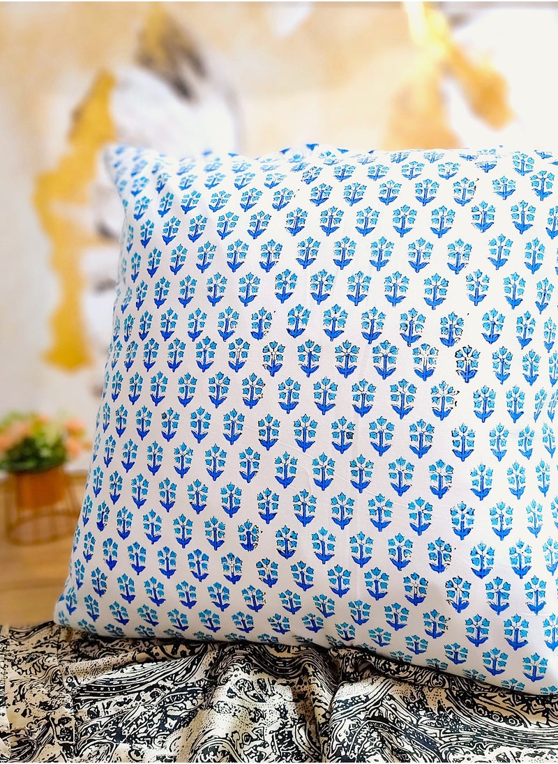 OJARIYA Blue Iris Hand Block Printed Organic Cotton Quilted Cushion Cover 65 Cm X 65 Cm  - Image 2