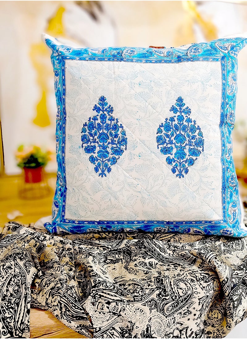 OJARIYA Blue Iris Hand Block Printed Organic Cotton Quilted Cushion Cover 65 Cm X 65 Cm  - Image 1