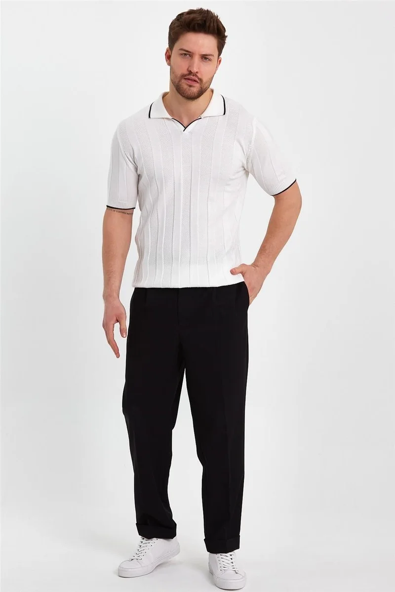 كوول تارز Cool Style White Men's Polo Collar Striped Knitwear T-SHIRT-TRZ19109R05S