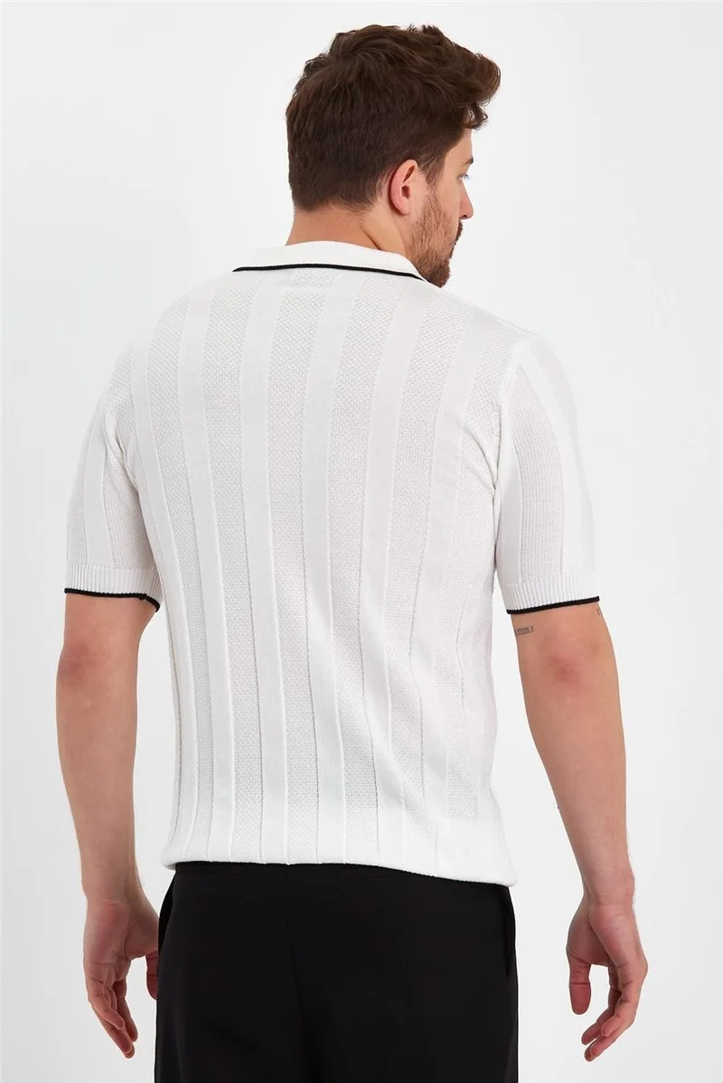 كوول تارز Cool Style White Men's Polo Collar Striped Knitwear T-SHIRT-TRZ19109R05S