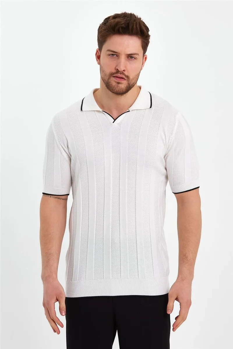 كوول تارز Cool Style White Men's Polo Collar Striped Knitwear T-SHIRT-TRZ19109R05S