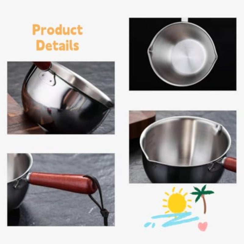 Stainless Steel Milk Pan with Wooden handle 300ML Butter Warmer Pan with Double Spout and Graduated for Heat milk, coffee, tea, melt butter, chocolate - Image 5