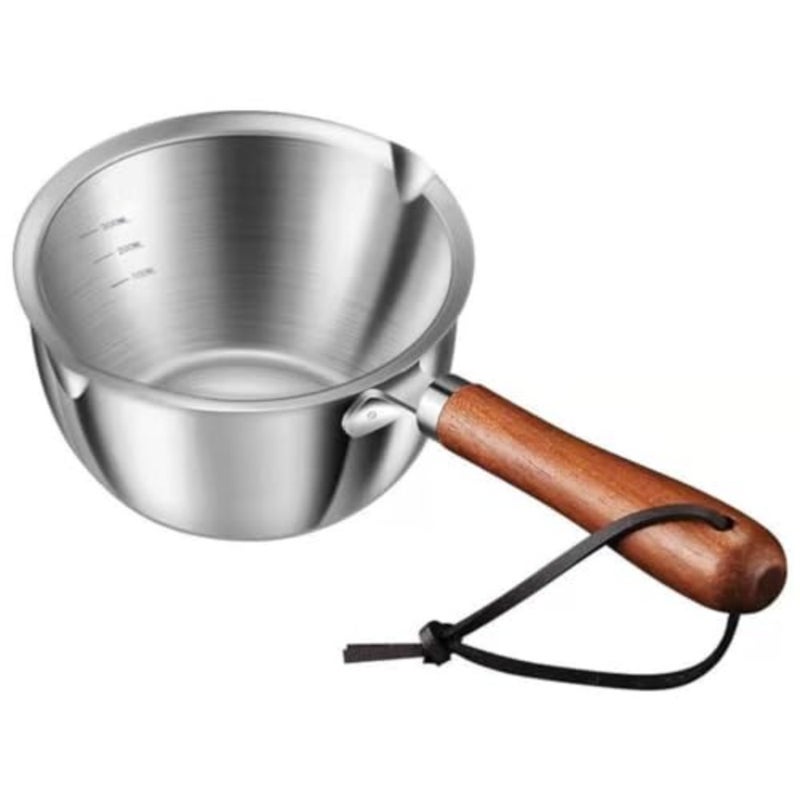 Stainless Steel Milk Pan with Wooden handle 300ML Butter Warmer Pan with Double Spout and Graduated for Heat milk, coffee, tea, melt butter, chocolate - Image 1
