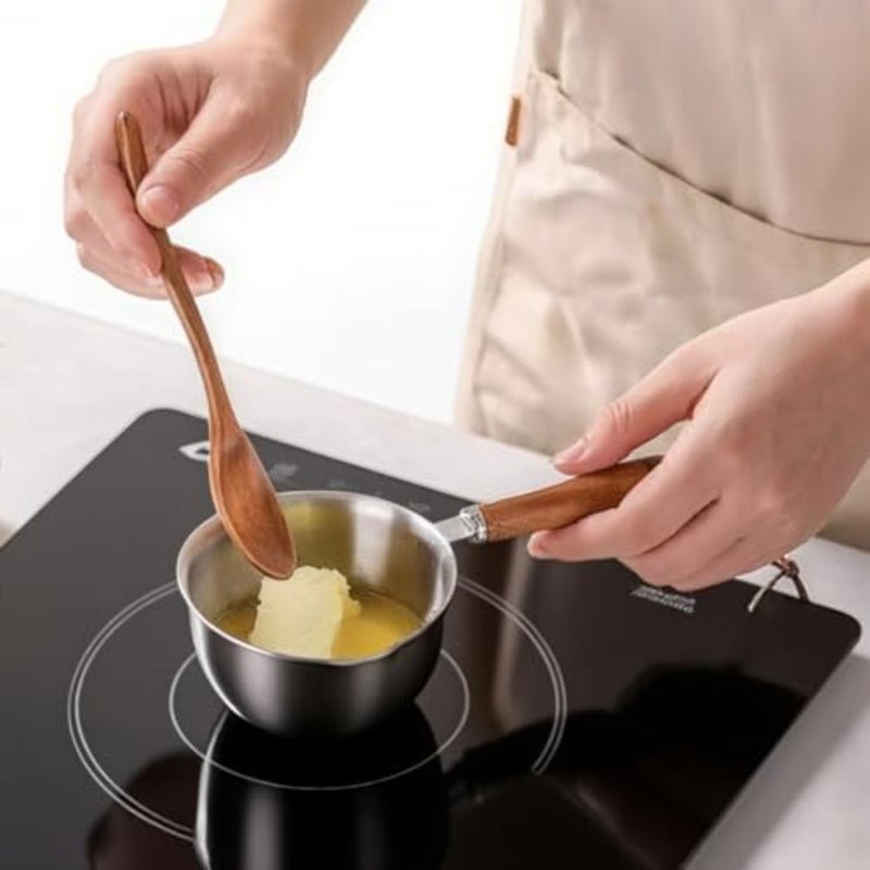 Stainless Steel Milk Pan with Wooden handle 300ML Butter Warmer Pan with Double Spout and Graduated for Heat milk, coffee, tea, melt butter, chocolate - Image 2