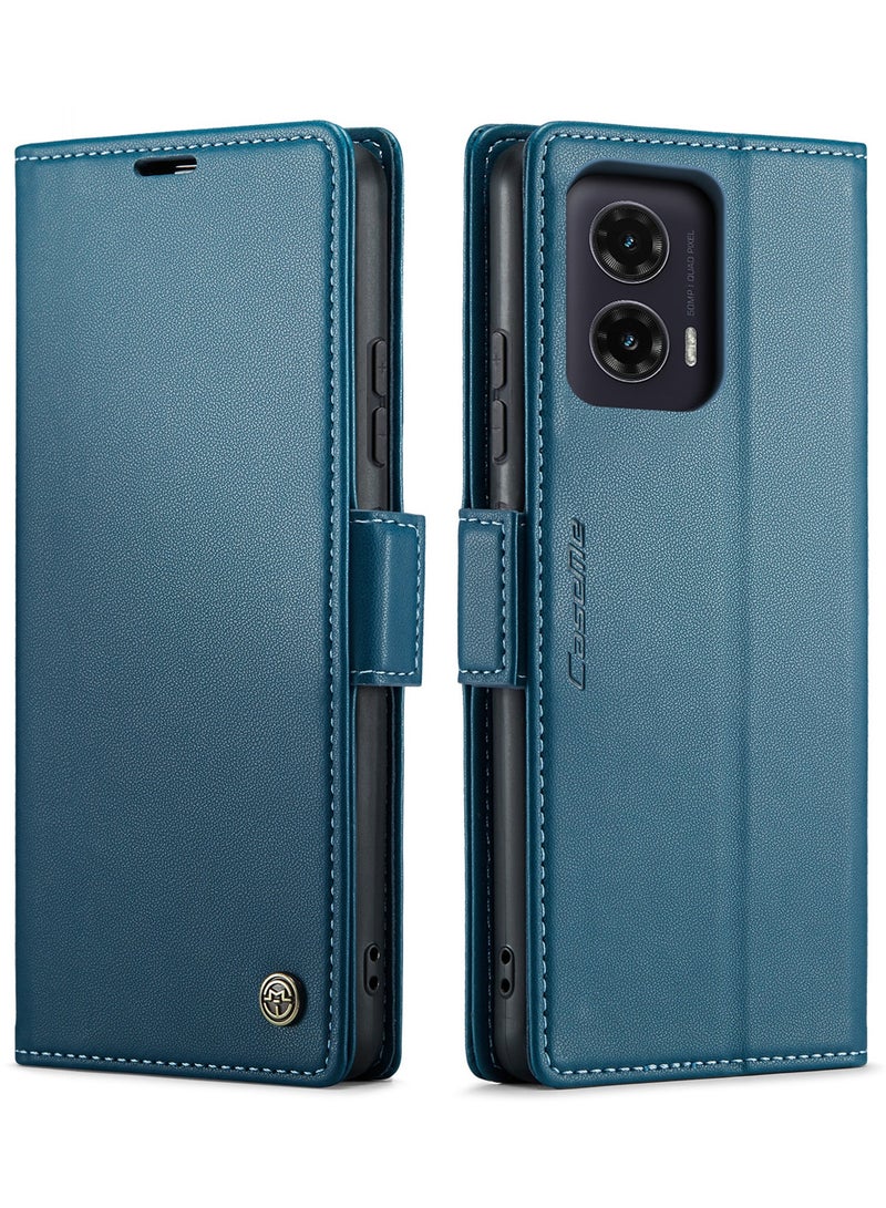 Phone Case Luxury PU Leather Design Anti Fingerprint 023 Flip Cover Card Slot Holder Cover For Moto G35 (Blue)