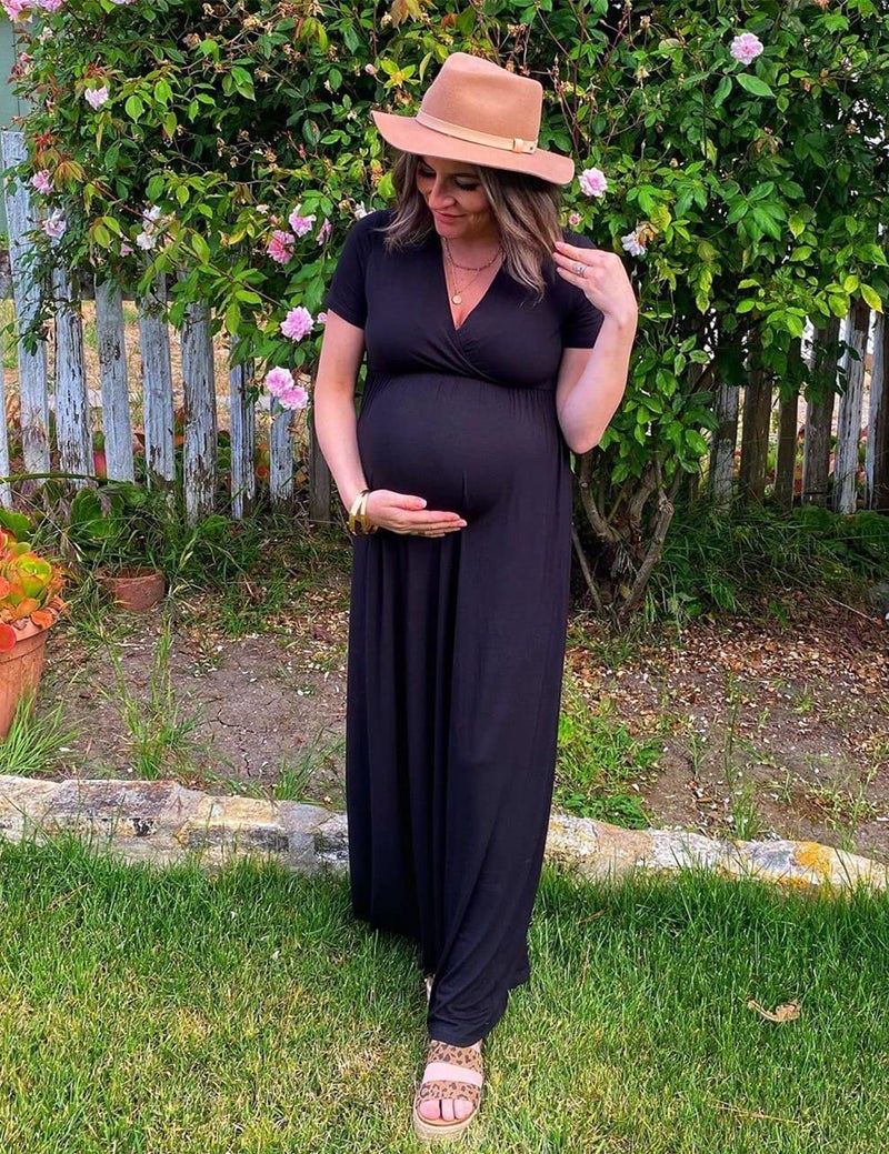 Xpenyo Maternity Dresses Women's Summer Casual Short Sleeve V Neck Wrap Long Maxi Dress Pregnancy Clothes for Baby Shower, Photoshoot, Party, Daily, Nursing, Black M - Image 3