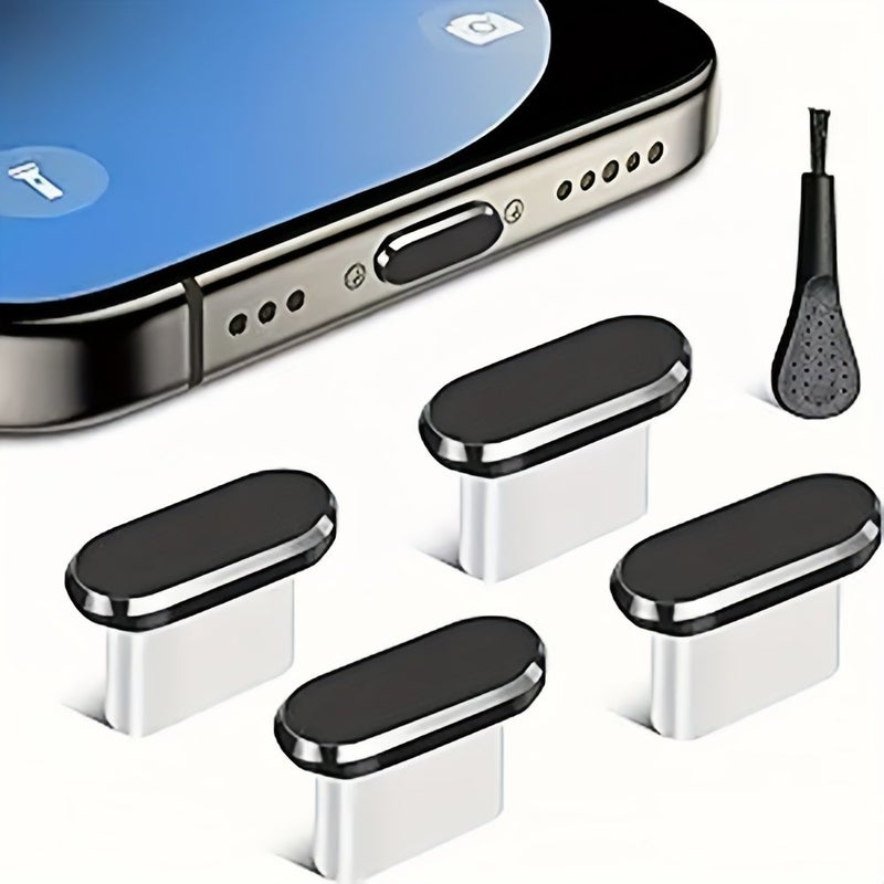 4 قطع من سدادات الغبار USB-C مع فرشاة تنظيف واحدة، ألوان مختلطة، غطاء معدني من النوع C لمنفذ الشحن، واقي من الغبار لغطاء منفذ USB-C، واقيات لمنفذ الشحن متوافقة مع جميع أجهزة USB-C. - Image 1