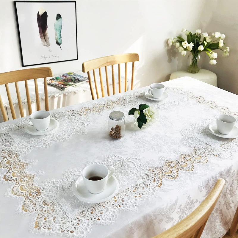 مفرش طاولة مستطيل بريك سادات أبيض دانتيل 60 × 120 بوصة لطاولات الطعام وطاولة السرير النهائية وحفلات الزفاف والولائم والحفلات قابل للغسل مزين بزهور القرنفل
