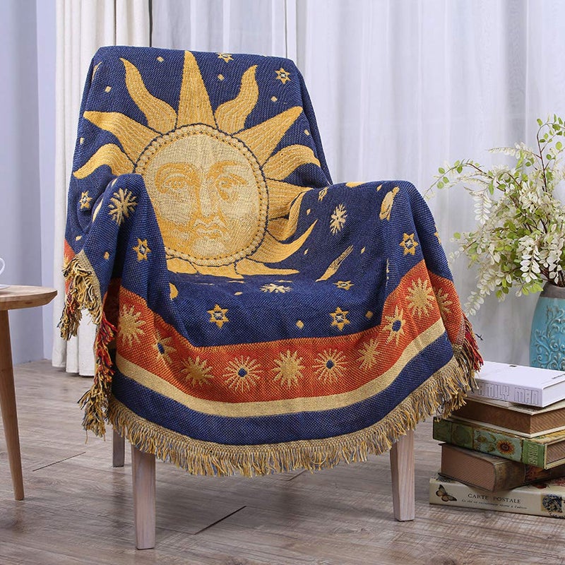 Erke Moon and Sun Throw Blanket Celestial Chair Recliner Cover Bed Spread Hippie Room Decor Double Sided Cotton Woven Sofa Couch Furniture Aesthetic Witchy Throws  50 X 70 YellowBlue